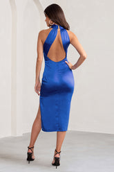 Cobalt Blue Satin Cross Over Halter Neck Midi Dress